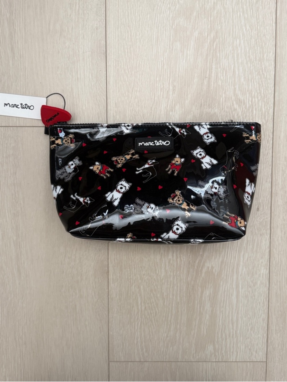 Marc Tetro Black Patent Cosmetic Pouch with Dog Print